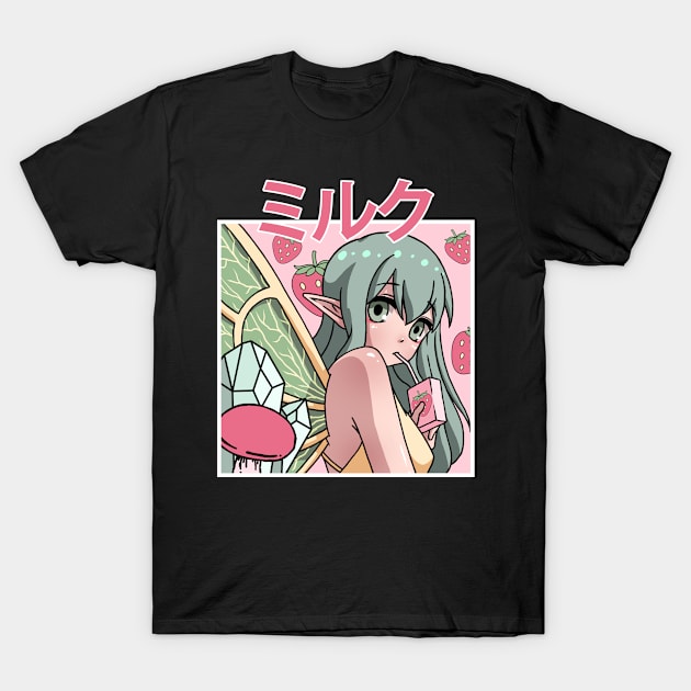 Fairycore Aesthetic Fairy Drinking Strawberry Milk T-Shirt by Alex21